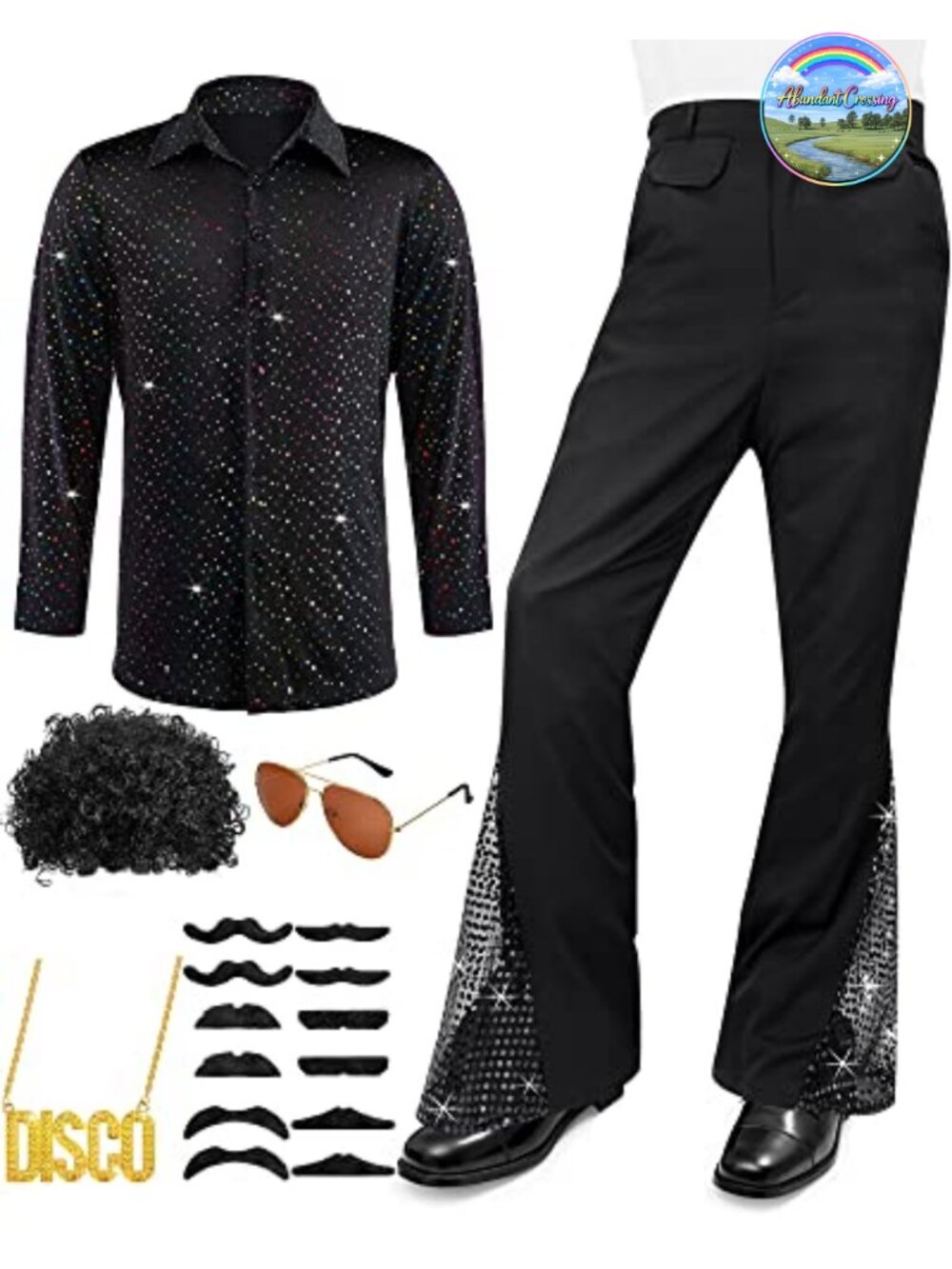 Men's 70s Disco Costume Set Sequin Shirt Bell Bottom Pants Wig